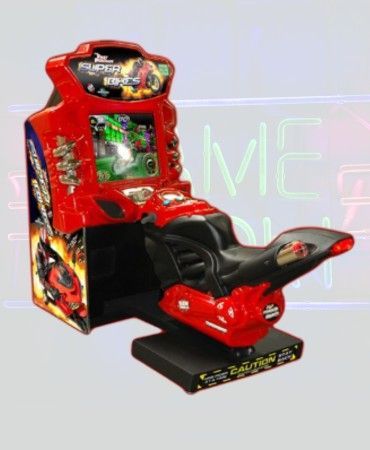 Red arcade motorcycle game machine with a screen and seat.