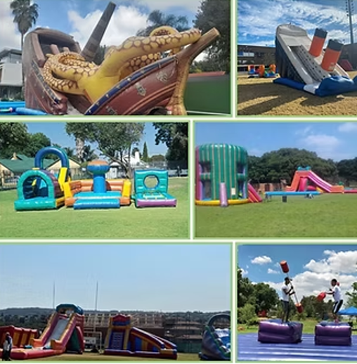 Collage of inflatable play structures: ship with octopus, slide, obstacle courses, and a jousting game on grass.