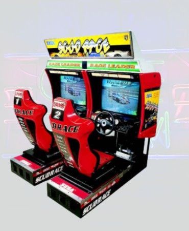 Two red racing arcade machines with screens, steering wheels, and player seats.