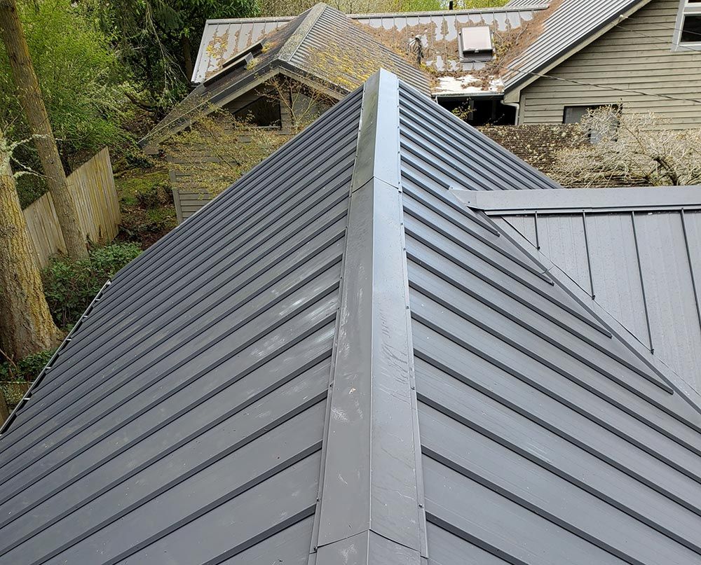 Close-up of a freshly cleaned modern, dark gray metal roof with a central ridge, other buildings in background, outdoors.
