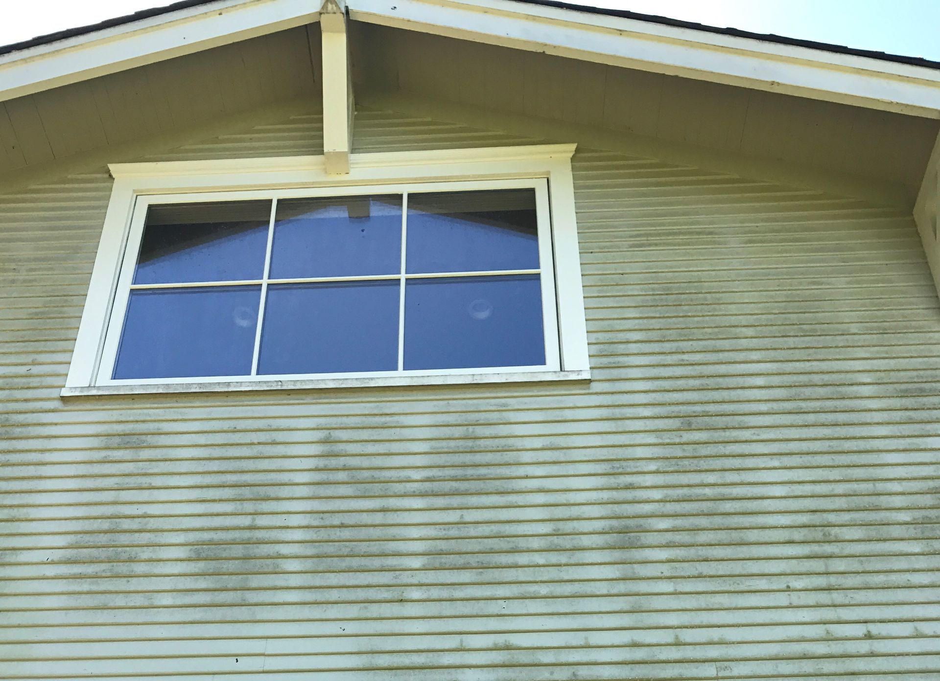 Window on a house with aged, weathered siding. White trim and paneled window frame. Greenish, aged exterior.