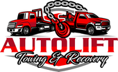 Logo for Autolift Towing & Recovery with two red tow trucks and a tow hook chain