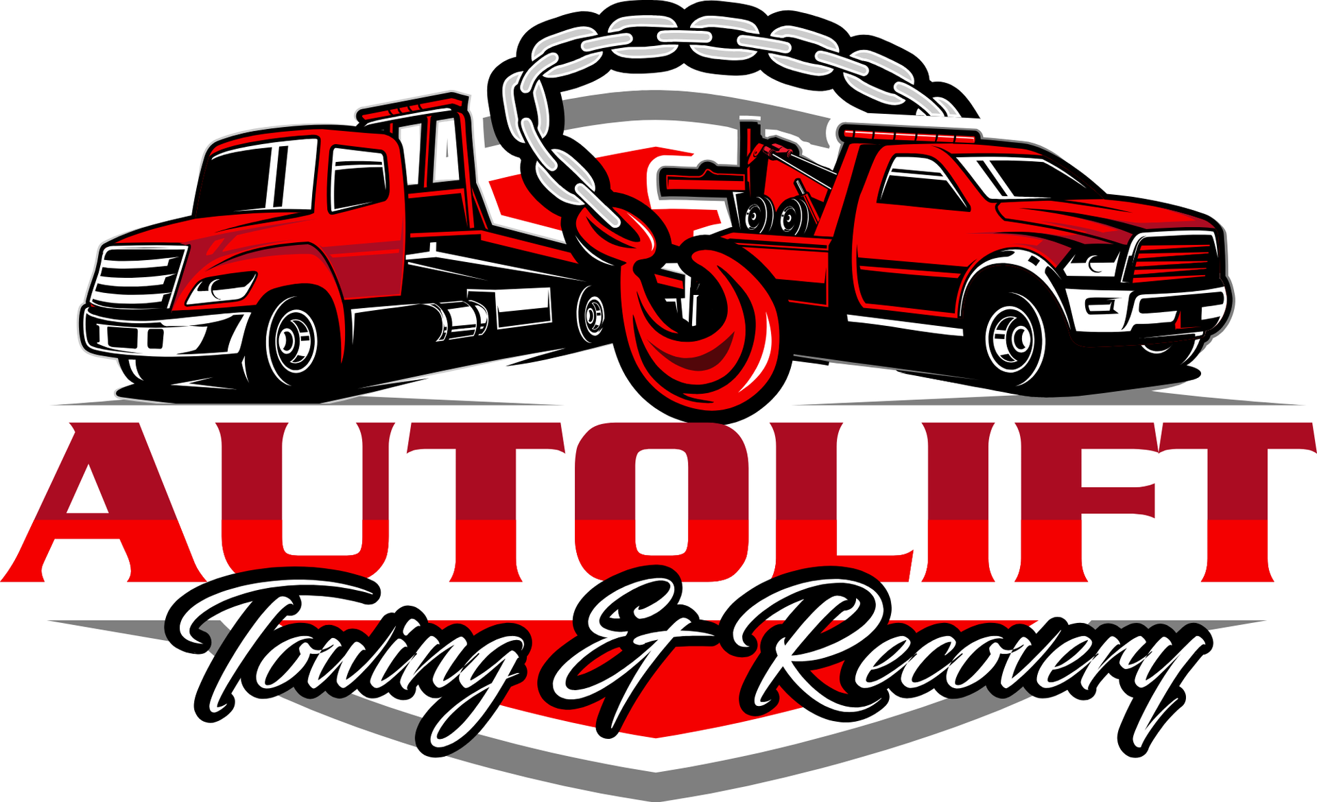 Logo for Autolift Towing & Recovery with two red tow trucks and a tow hook chain