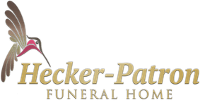 The logo for hecker-patron funeral home has a hummingbird on it