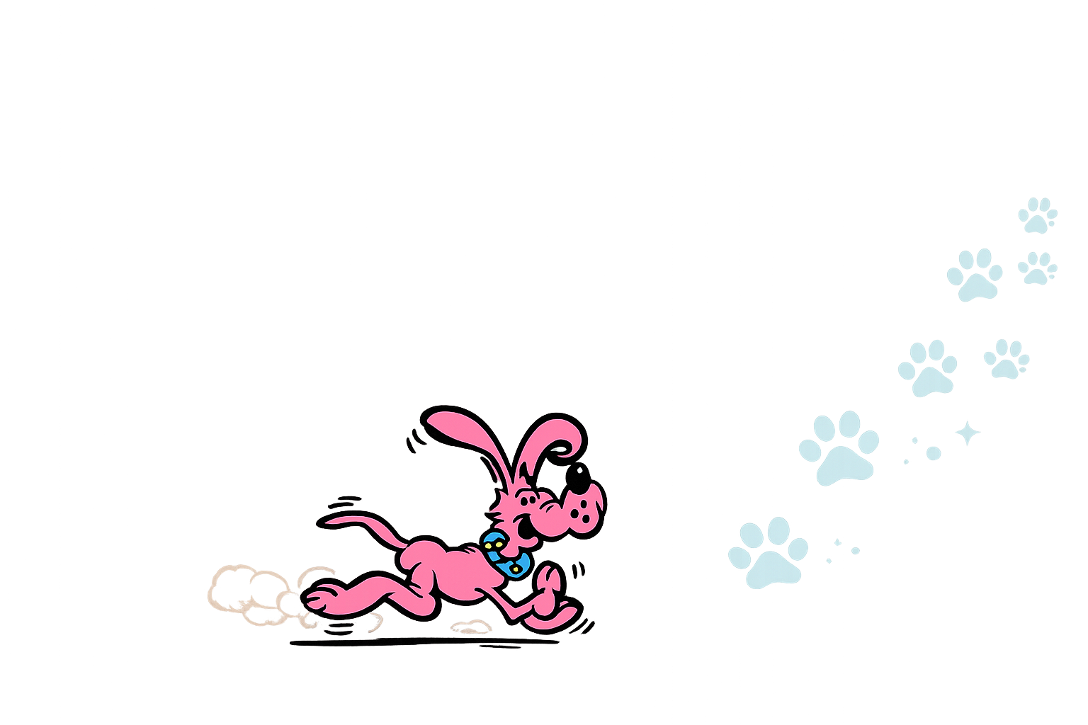 Pink cartoon rabbit sprinting across a white background, leaving blue paw prints behind