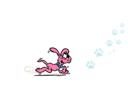 Pink cartoon rabbit sprinting across a white background, leaving blue paw prints behind