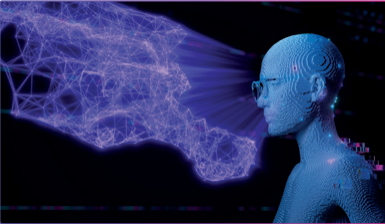 Un volto digitale blu e un pugno viola stilizzato si estendono l'uno verso l'altro su uno sfondo scuro.