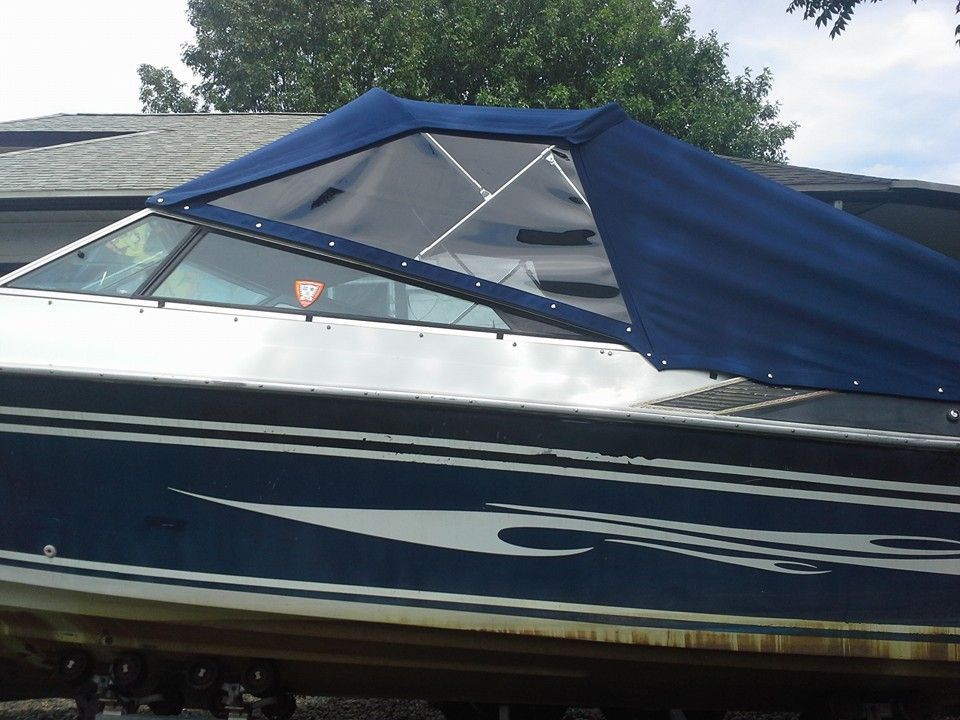 Blue motorboat with a navy canopy docked on the water near trees