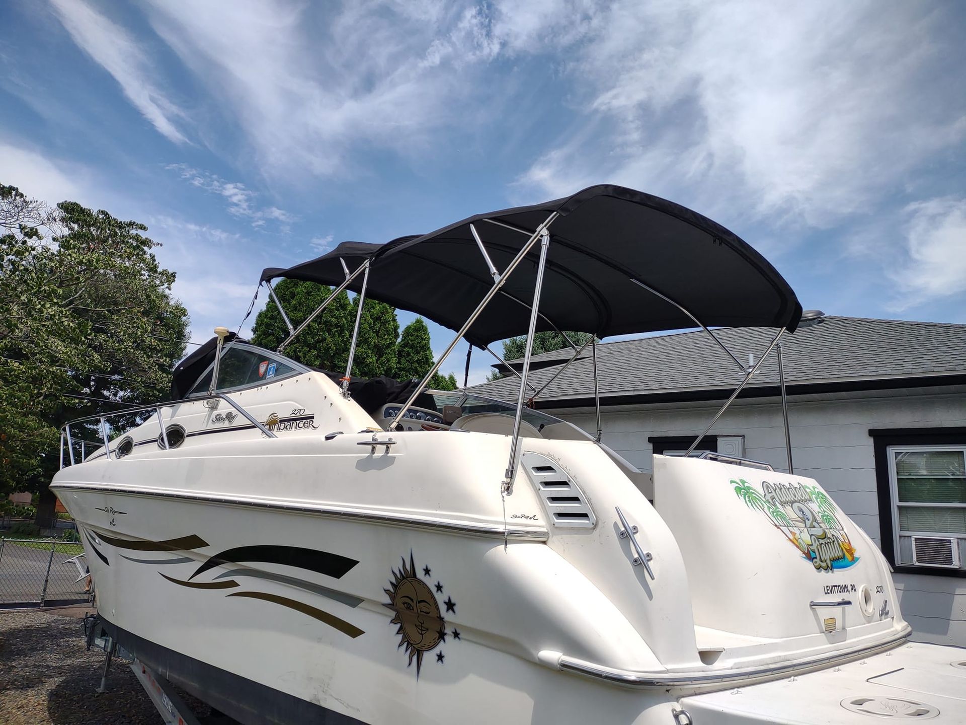 White boat with black canopy parked outdoors under a cloudy sky, side view