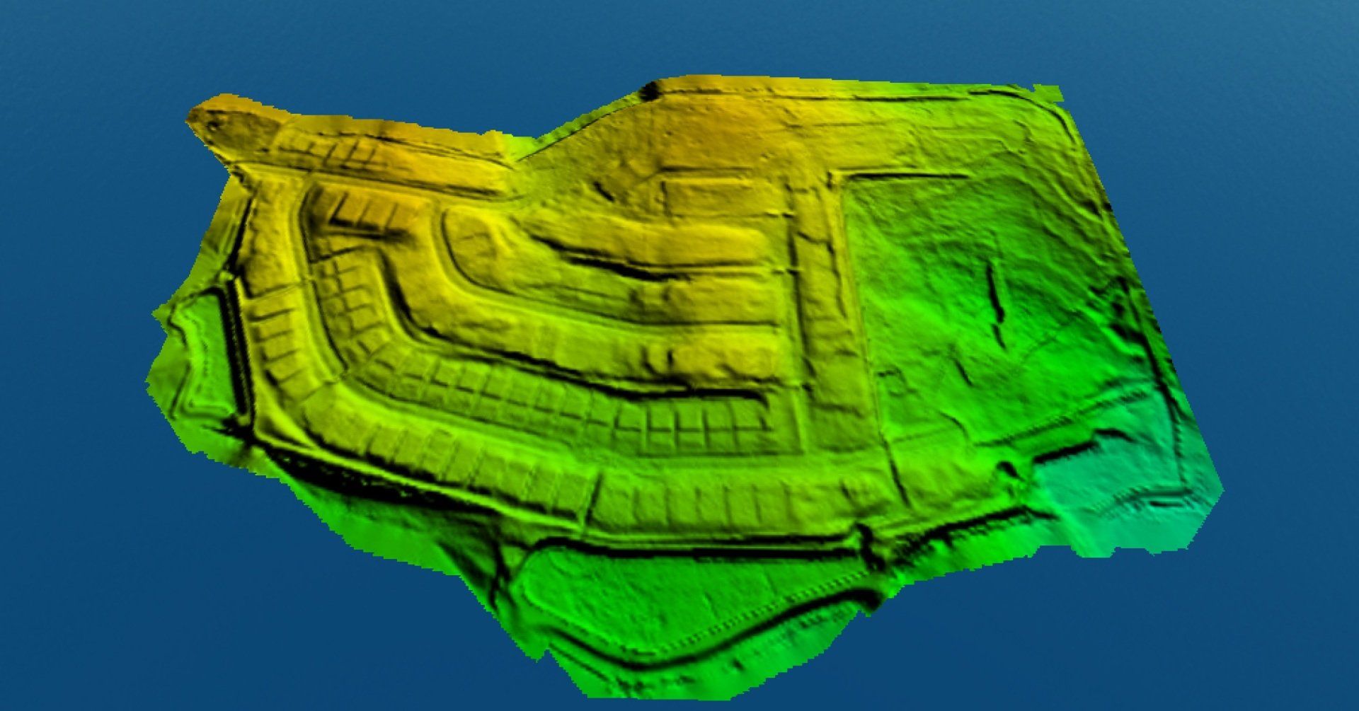 Color-coded digital terrain model of a subdivision site from a LiDAR drone survey by 3D Land Surveying