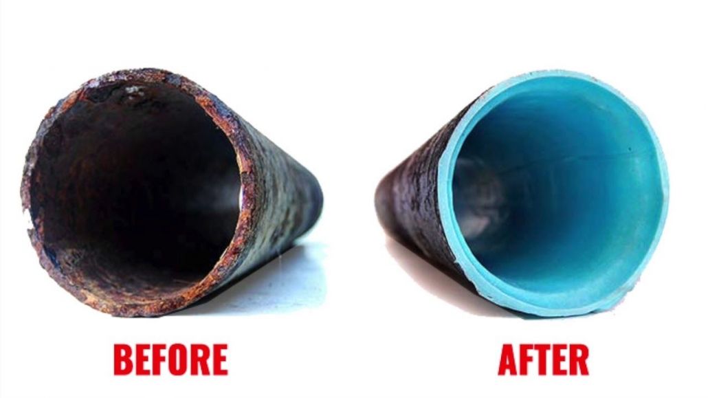 A before and after picture of a rusty pipe