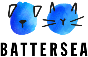 Logo: Battersea with blue watercolor dog and cat faces.