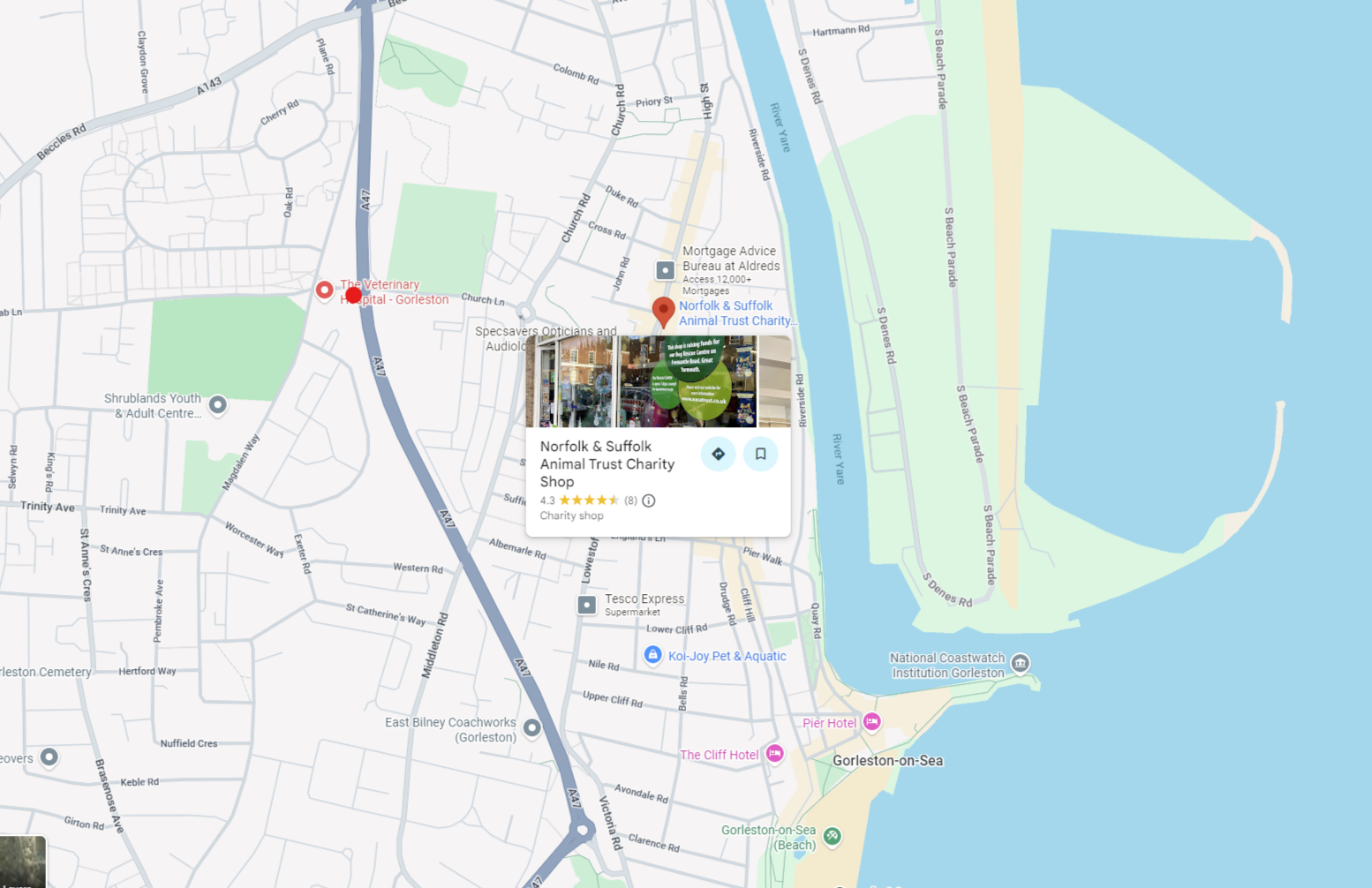 image showing location of NASAT charity shop in Gorleston
