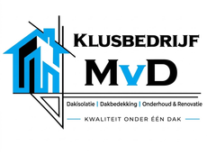 Klusbedrijf MvD-logo met blauw huisje en Nederlandse tekst voor dakbedekking, gevelbekleding, onderhoud en renovatie