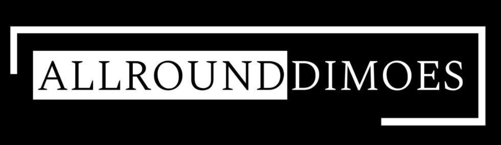 Logo met de tekst ‘ALLROUND DIMOES’ in zwarte letters in een wit rechthoekig kader op een zwarte achtergrond