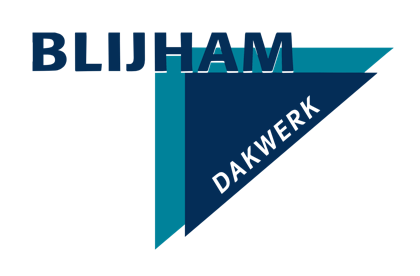 Blikham DAKWERK-logo in blauw met een gestileerde dakvorm en diagonale tekst