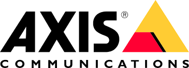 Le logo d'axis communications est noir et jaune avec un triangle rouge.