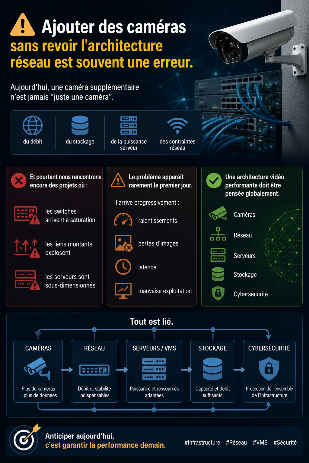 nfographie vidéosurveillance : impact réseau, stockage et serveurs lors d’ajout de caméras.