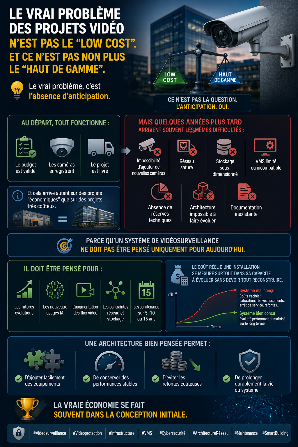 Infographie vidéosurveillance sur l’importance d’anticiper l’évolution réseau, stockage et VMS.
