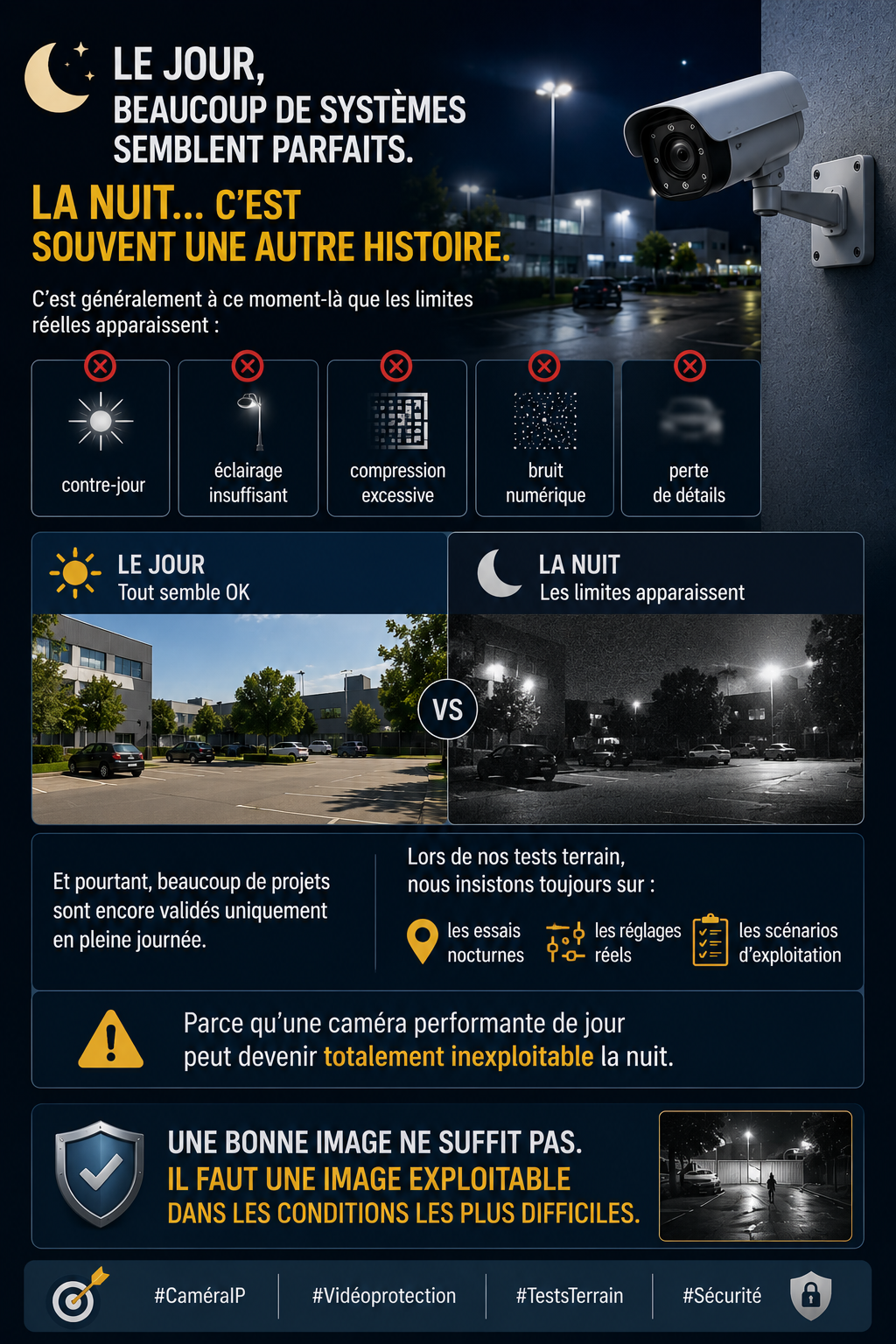 Infographie vidéosurveillance comparaison jour/nuit et limites réelles des caméras en faible lumière