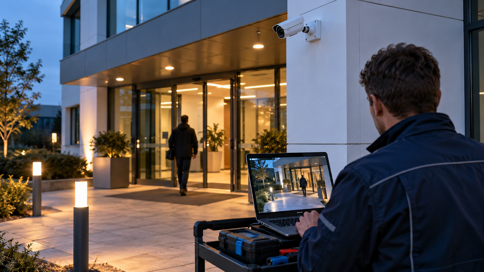 Contrôle du cadrage et de la qualité d’image d’une caméra à l’entrée d’un bâtiment au crépuscule