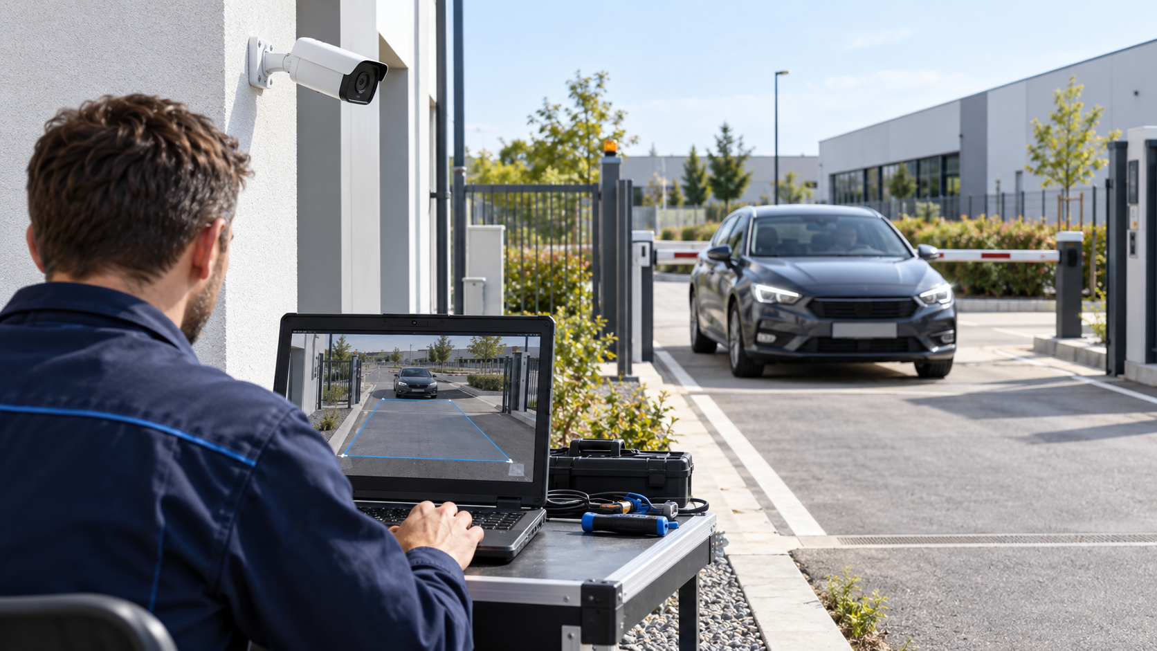 Technicien vérifiant une caméra et ses fonctions vidéo à l’entrée d’un site professionnel