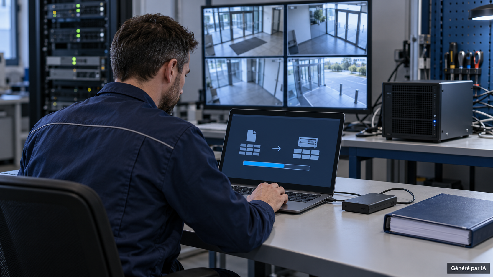 Illustration générée par IA : technicien testant la restauration d’une configuration VMS