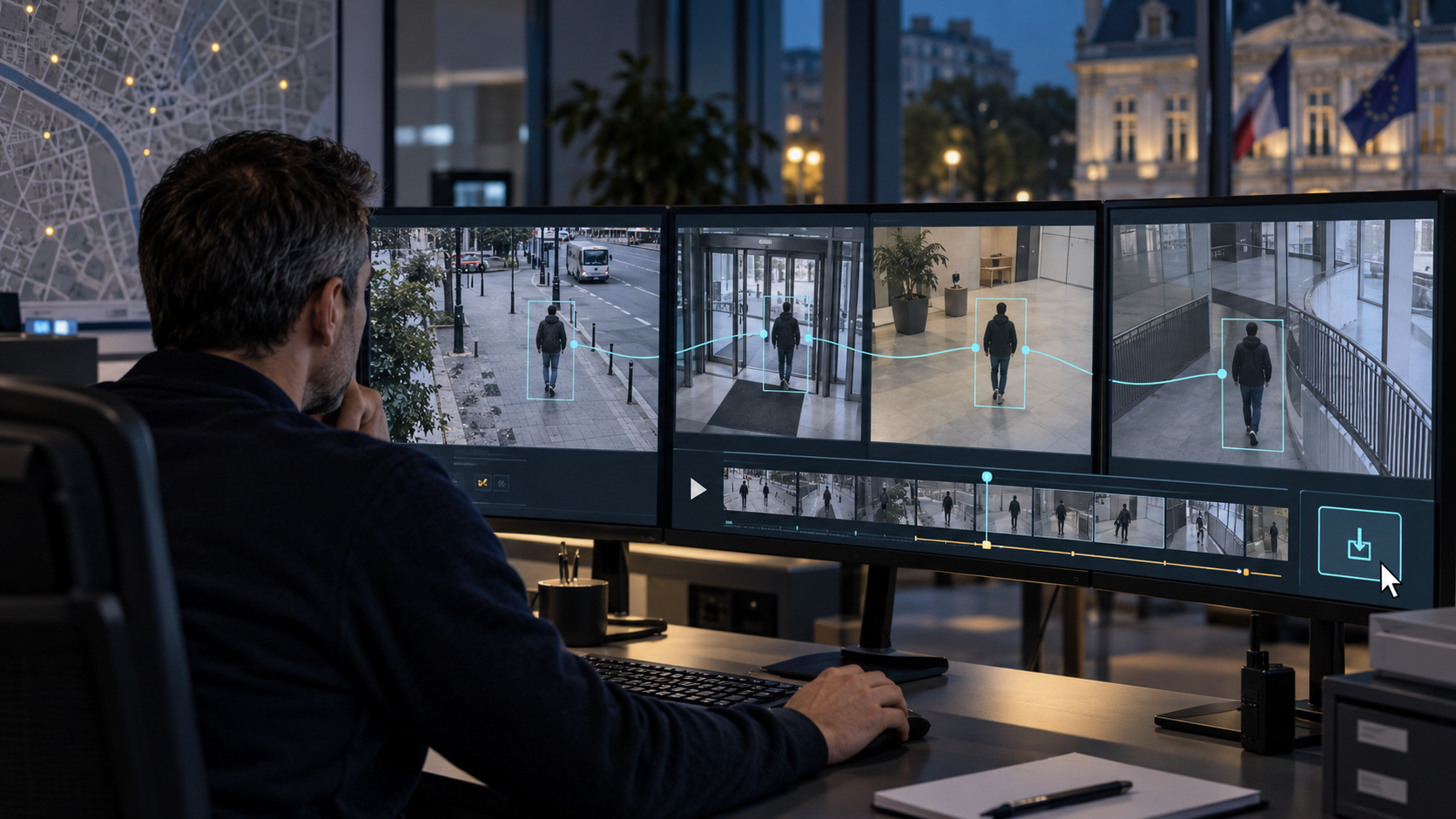 Opérateur supervisant plusieurs flux de vidéoprotection pour suivre une personne avec les caméras