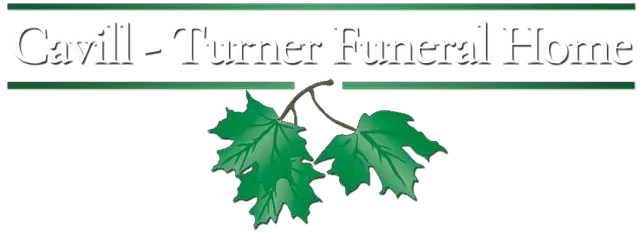 Cavill-Turner Funeral Home logo with green maple leaves on a white background