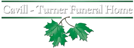 Cavill-Turner Funeral Home logo with green maple leaves on a white background