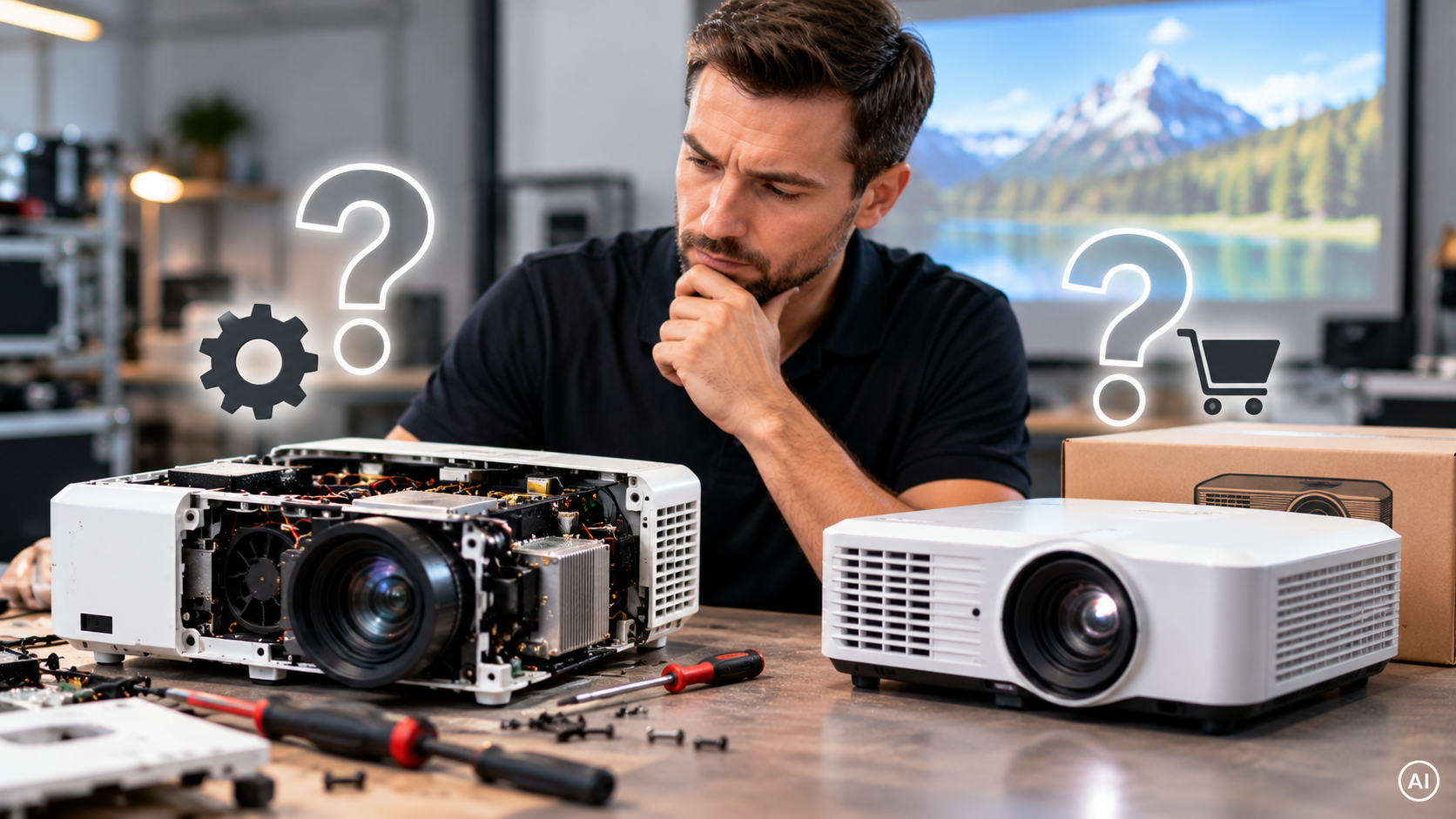 Man pondering between two projectors on a workbench, with gears and question marks in the background