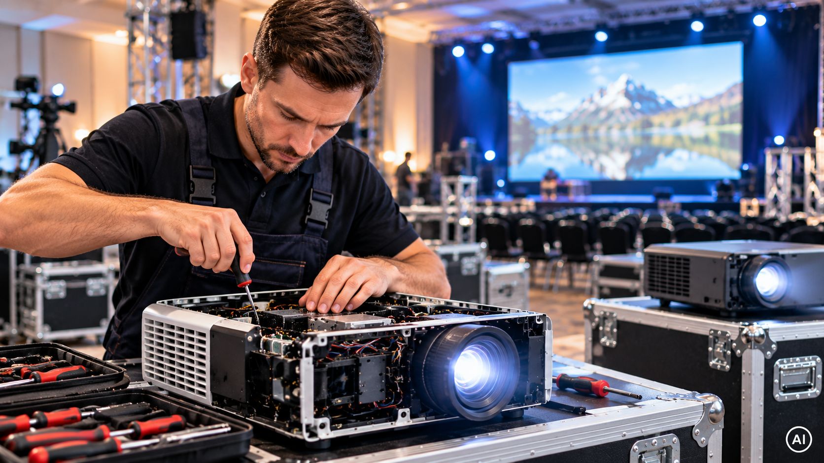 Technician adjusting a projector in a conference hall during event setup