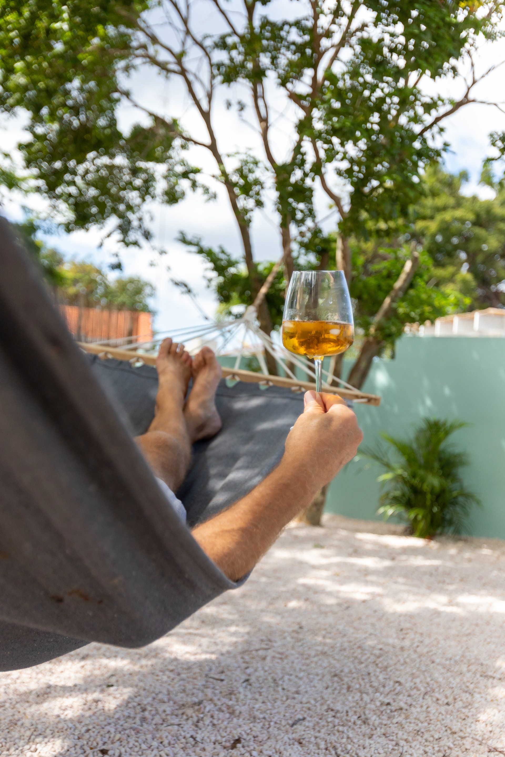Een persoon in een hangmat, met een glas amberkleurige vloeistof in de hand, genietend van de zon in de buitenlucht.