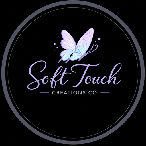 Soft Touch Creations Co. logo with pastel butterfly on a black circular background