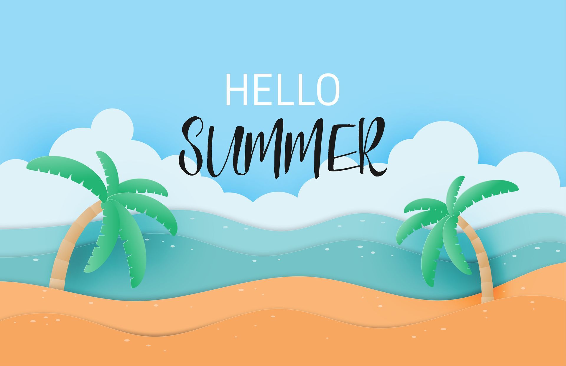 A beach scene with palm trees and the words `` hello summer ''.