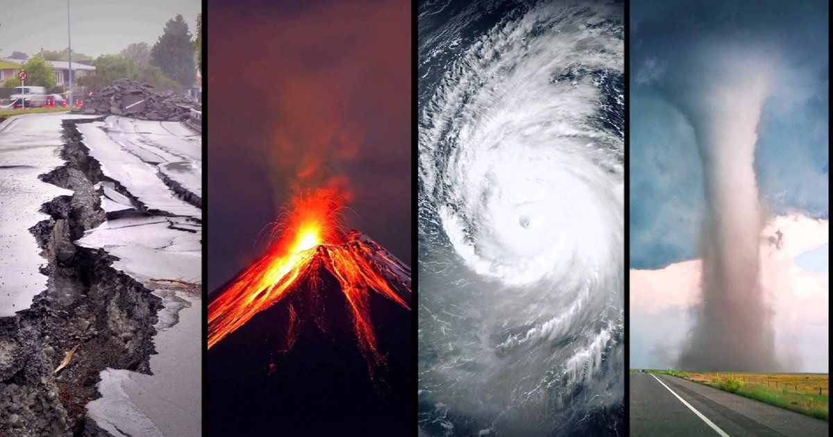 A collage of four pictures of different types of natural disasters.