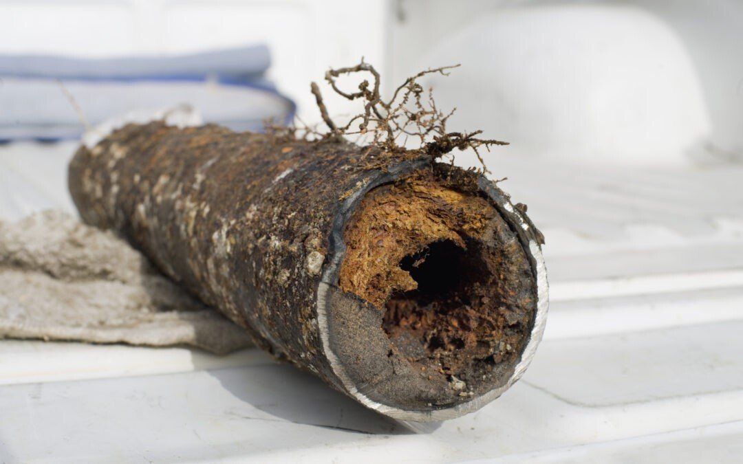 A close up of a rusty pipe with roots coming out of it.