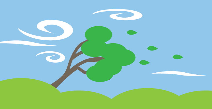 A cartoon illustration of a tree blowing in the wind.