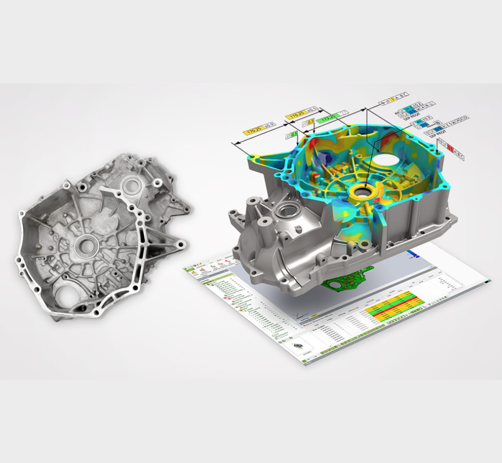 A physical metal engine housing shown next to a digital 3D model with a color-coded structural stress analysis overlay.