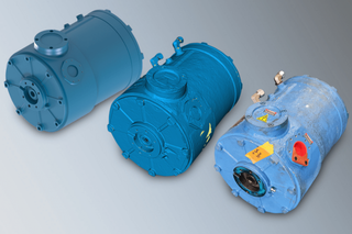 Three blue industrial motors or gearboxes arranged diagonally against a plain light-blue background.