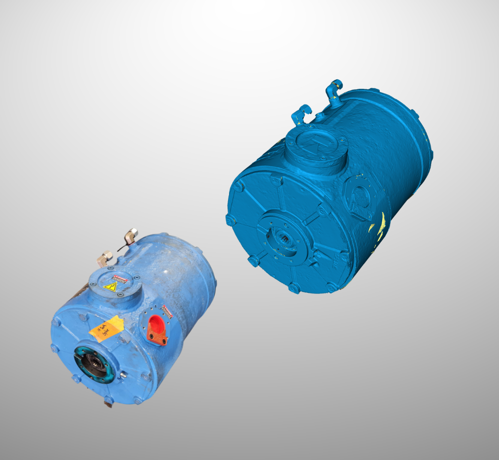Two blue industrial hydraulic motor units isolated against a plain gray background.