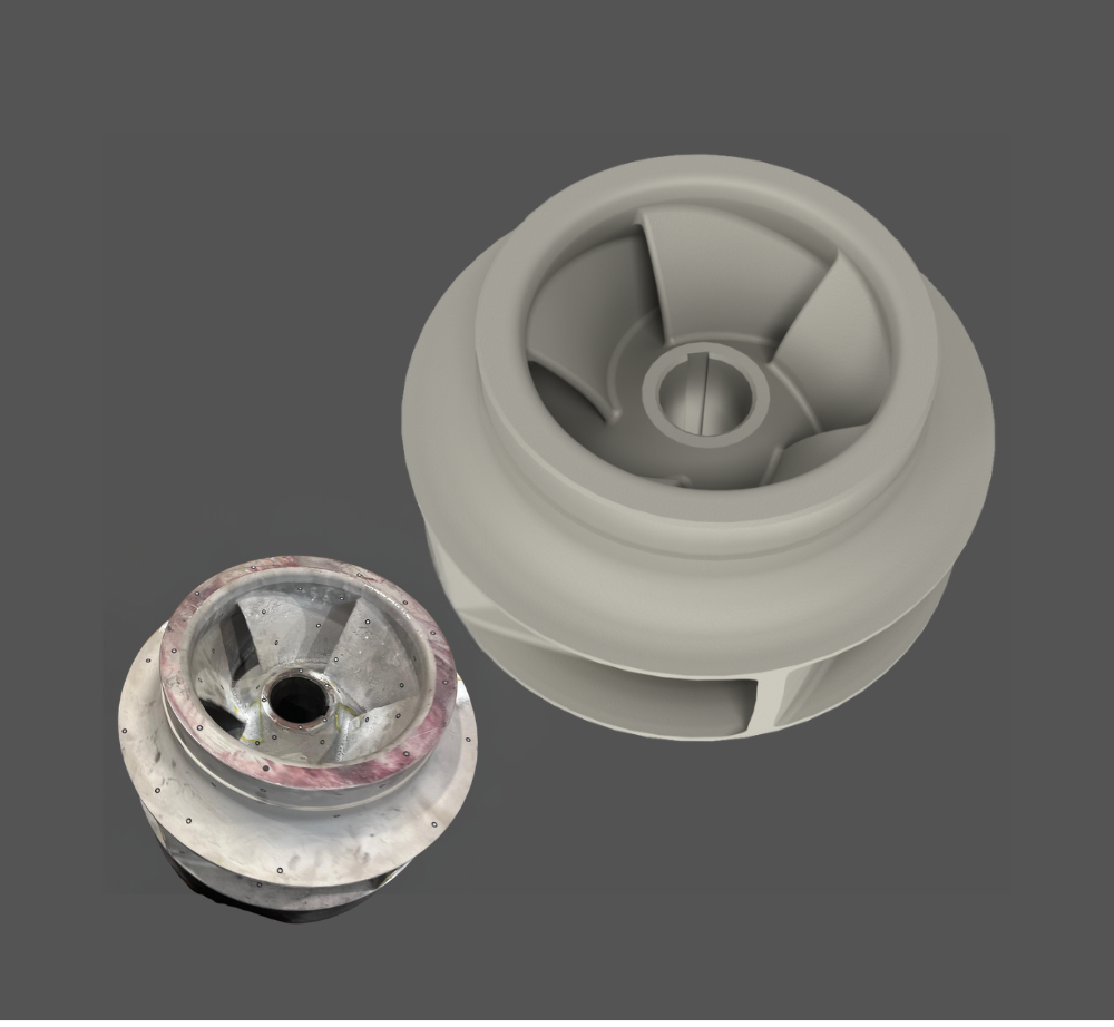 A side-by-side comparison of a worn, metallic pump impeller and a clean, 3D-rendered digital model of the same part.