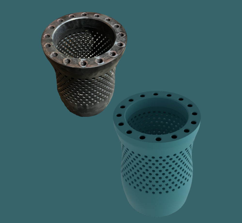 A comparison of a textured, dark gray industrial component next to a smooth, teal-colored 3D-rendered version of the same.