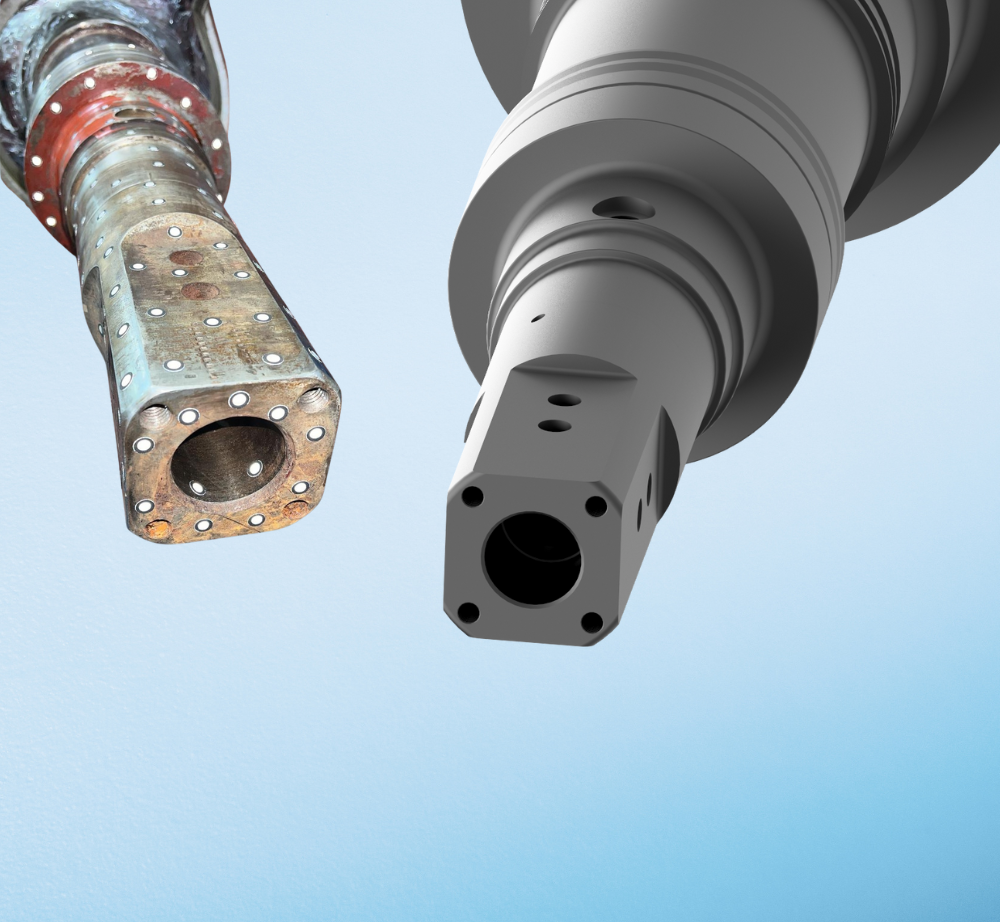 Side-by-side comparison of a worn, used metal industrial drill bit and a clean, 3D-rendered digital model of the same part.