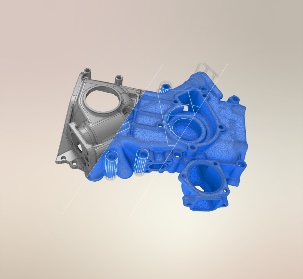 A mechanical engine component shown as a split view, with one side as a metallic 3D CAD model and the other as a blue scan.