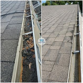 A before and after picture of a gutter on a roof.