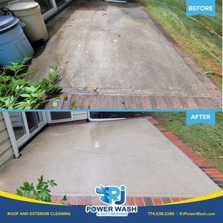 A before and after picture of a patio that has been cleaned by power wash.