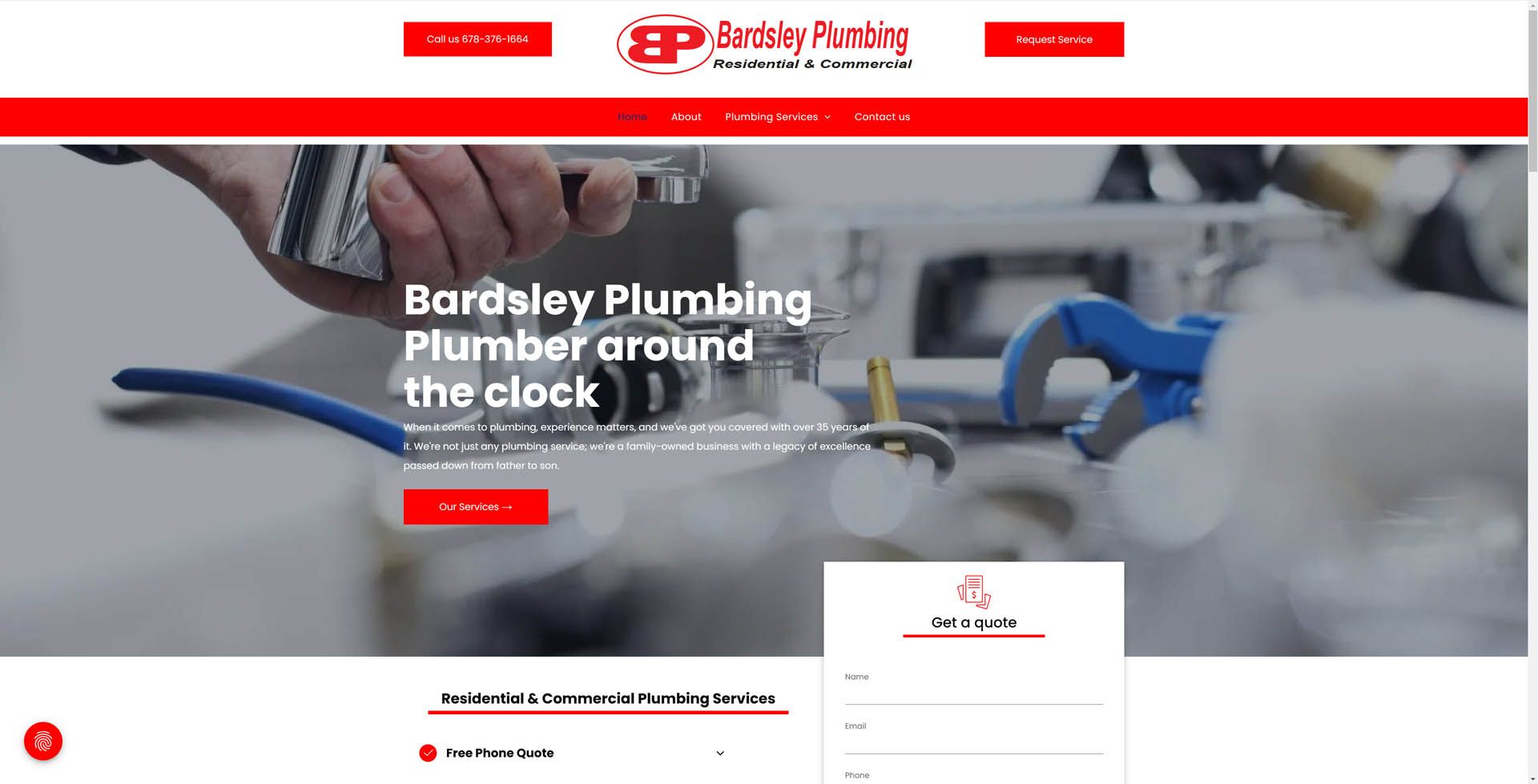 A screenshot of a website for bardsley plumbing plumber around the clock.