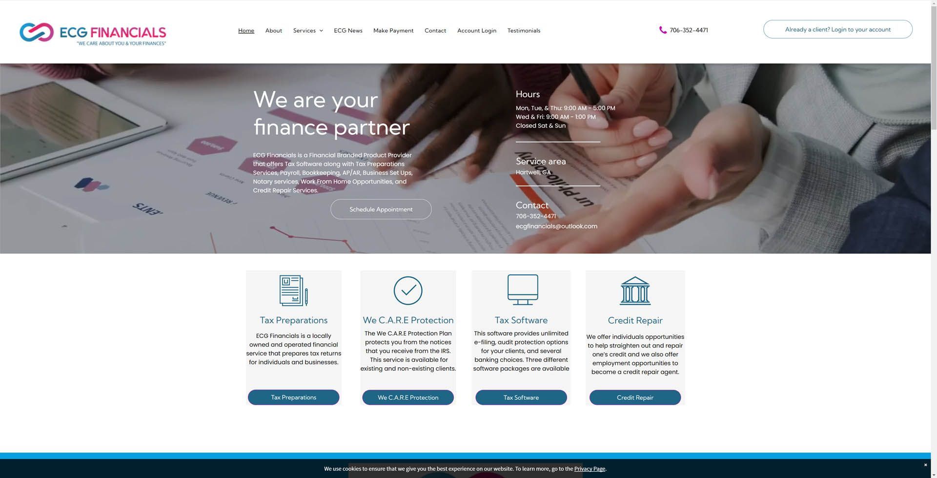 A screenshot of the homepage of ECG Financials website.