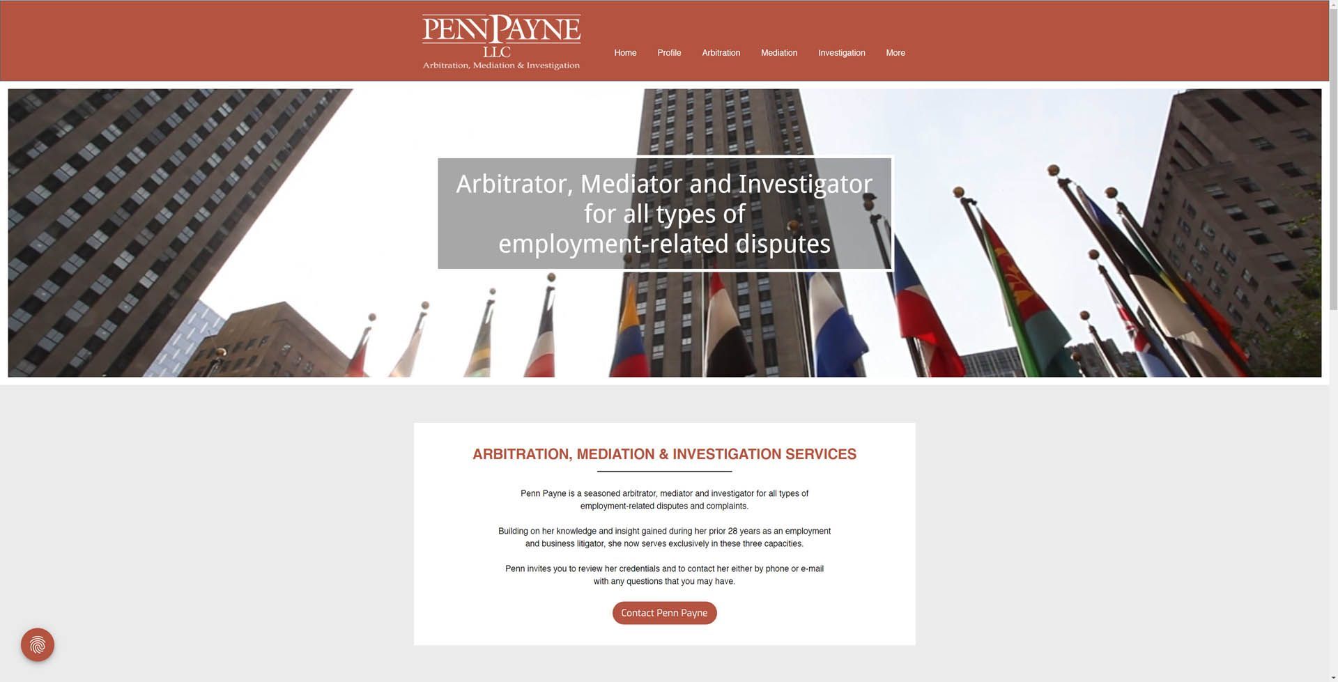 A website with a picture of a building and flags on it.